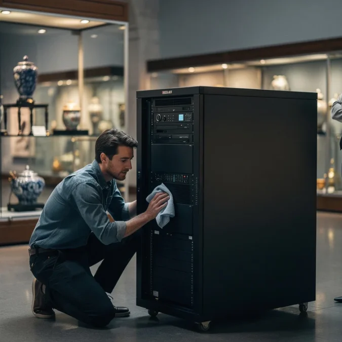 Staged editorial photograph in a London decorative-arts museum gallery, interpreting a playable data-centre cleaning experience rather.