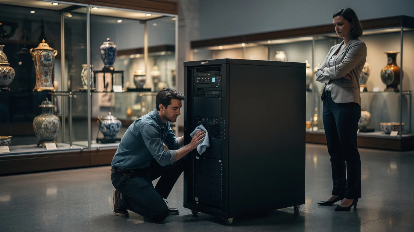Staged editorial photograph in a London decorative-arts museum gallery, interpreting a playable data-centre cleaning experience rather.