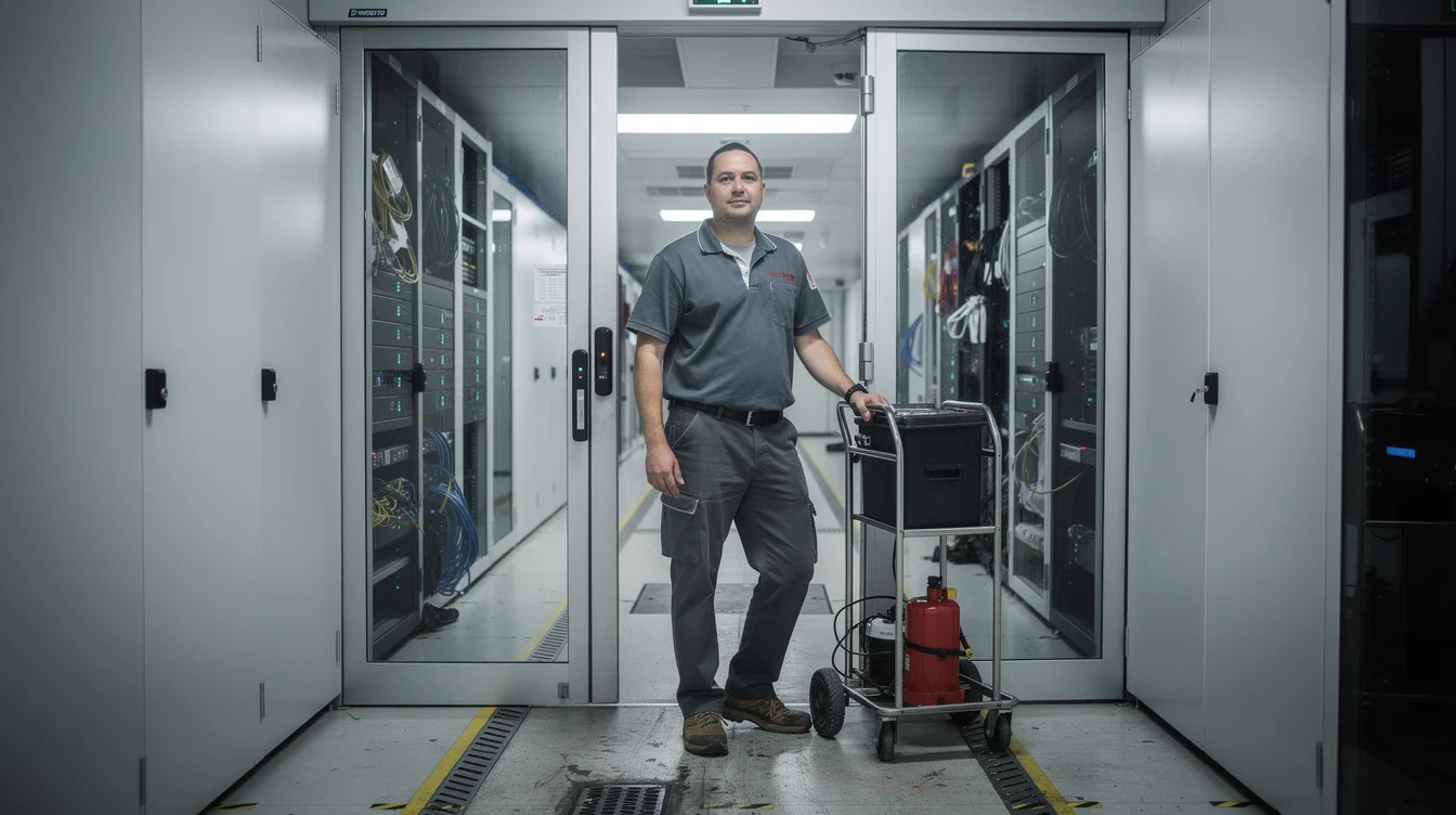 Editorial photograph inside a working data-centre service corridor, made with a consenting maintenance worker as.