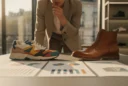 Staged editorial photograph in a Paris footwear showroom: a visitor leans toward a table holding.