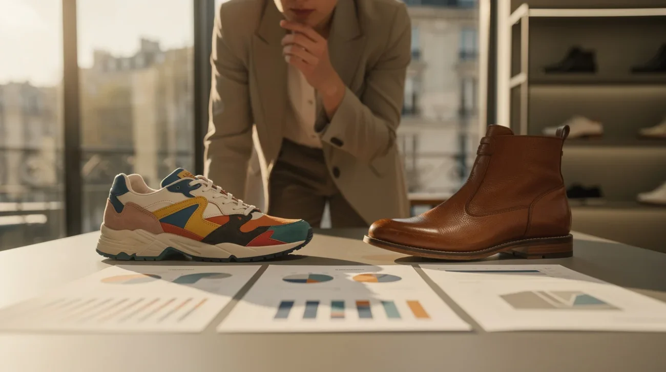 Staged editorial photograph in a Paris footwear showroom: a visitor leans toward a table holding.