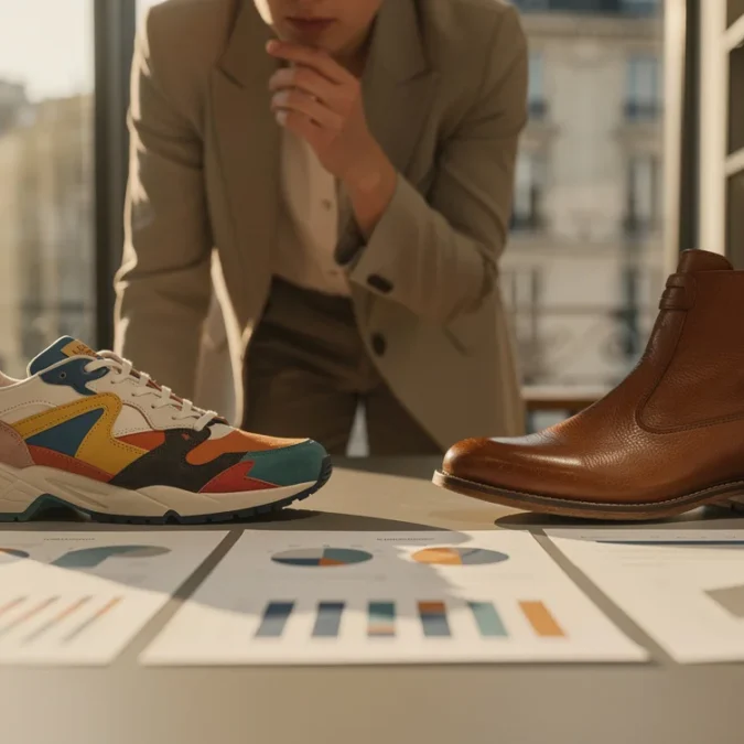 Staged editorial photograph in a Paris footwear showroom: a visitor leans toward a table holding.