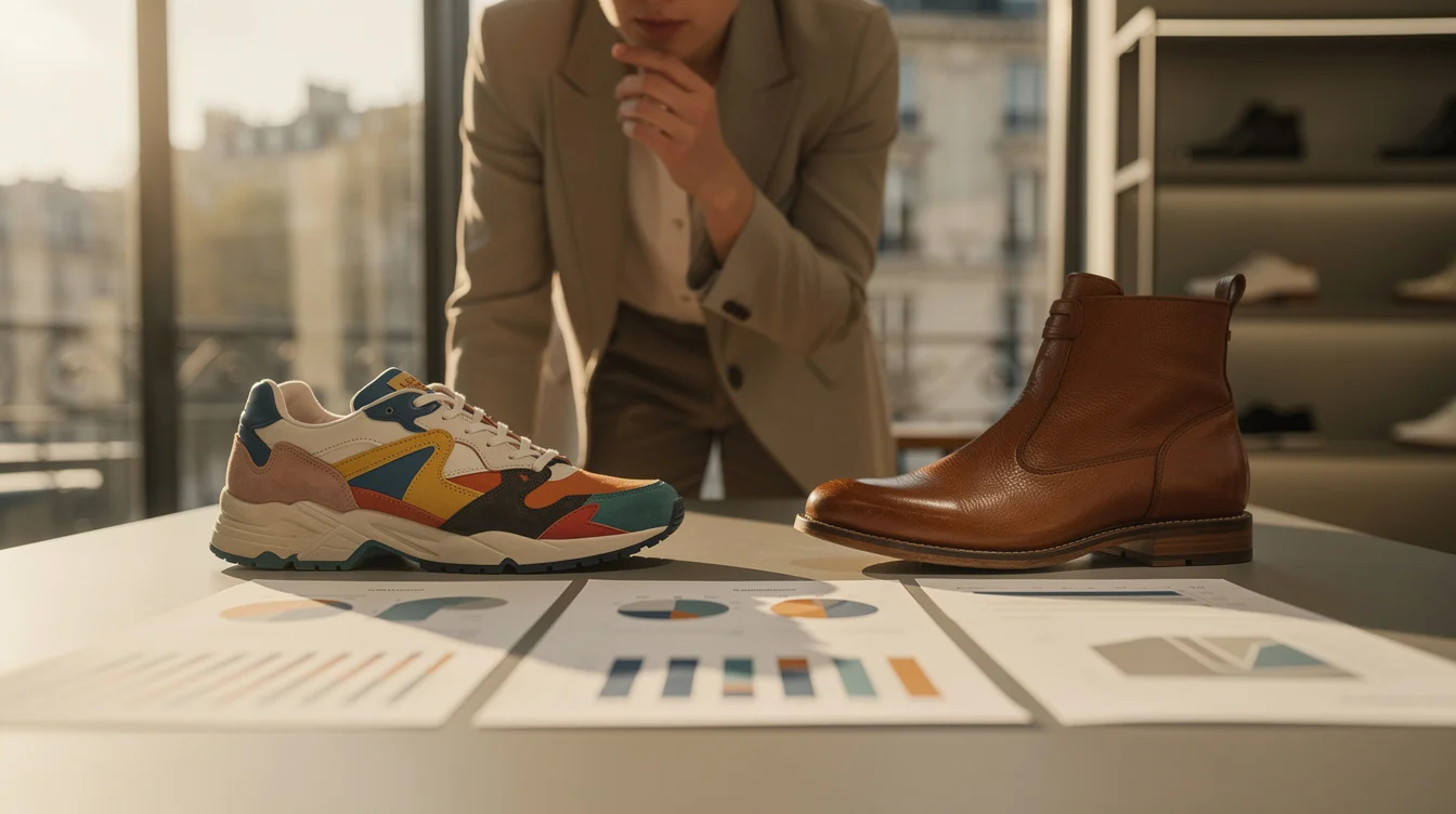 Staged editorial photograph in a Paris footwear showroom: a visitor leans toward a table holding.