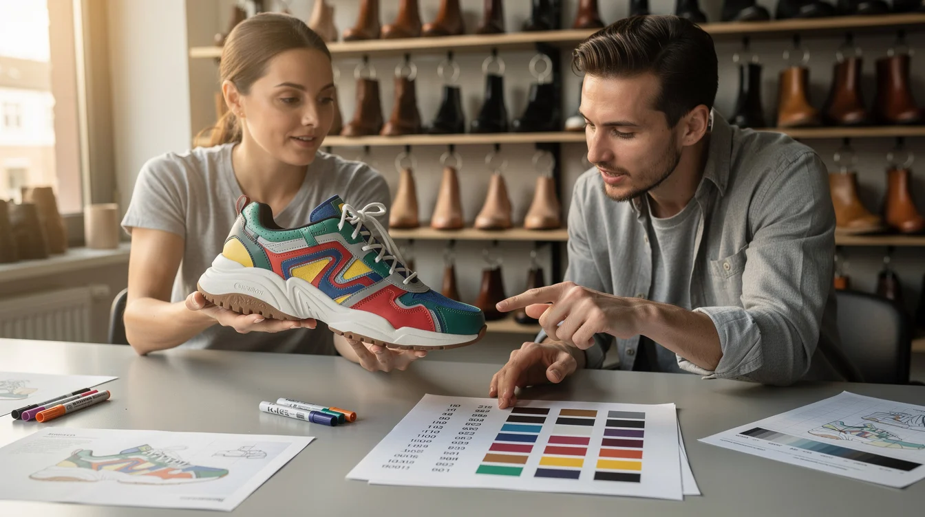 Editorial photograph of two people discussing a colorful graphic sneaker at a worktable in a Frankfurt.