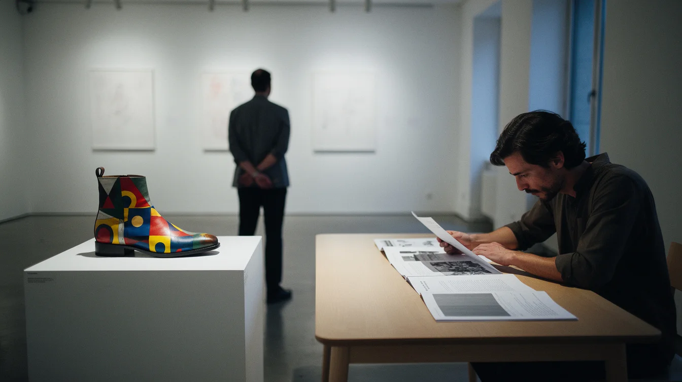 Staged editorial photograph in a quiet Paris gallery: a visitor studies a leather boot with colorful.