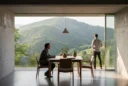 Editorial photograph of a contemporary house in the hills of Turin, viewed from an open interior.