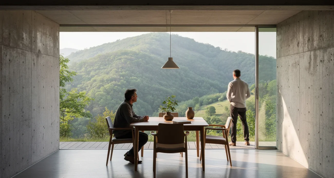 Editorial photograph of a contemporary house in the hills of Turin, viewed from an open interior.