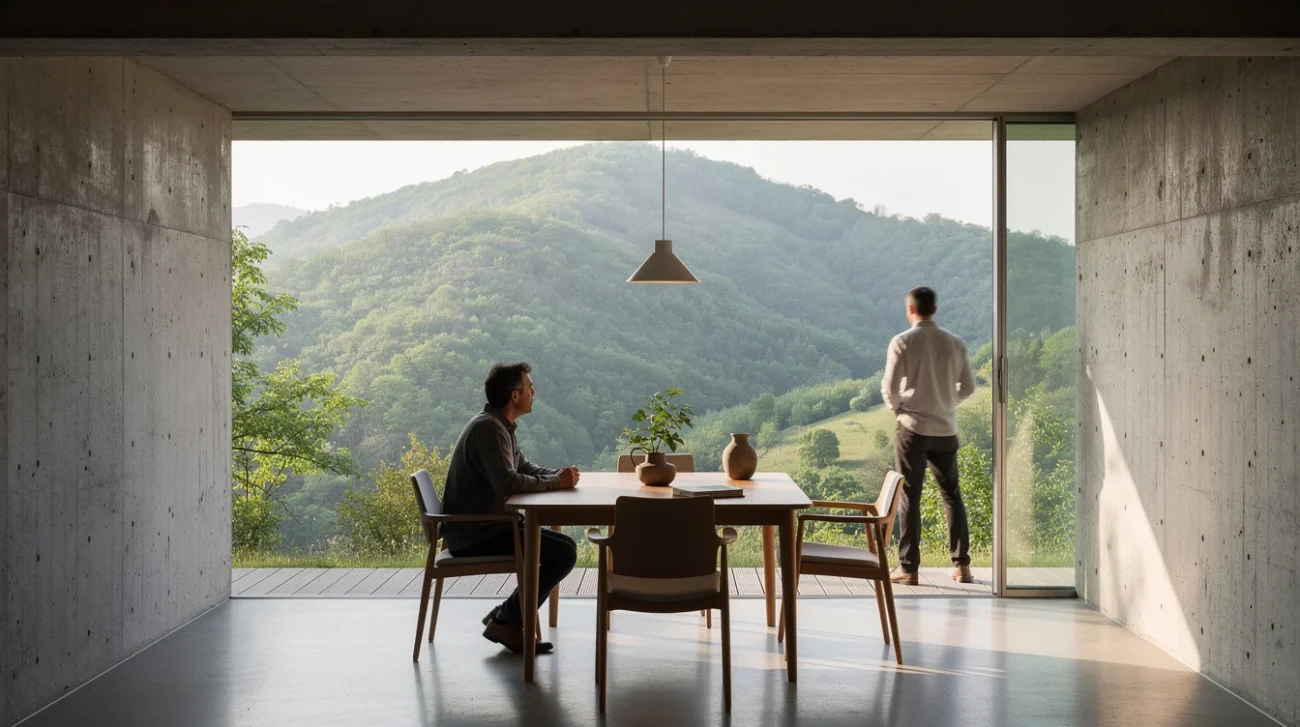 Editorial photograph of a contemporary house in the hills of Turin, viewed from an open interior.