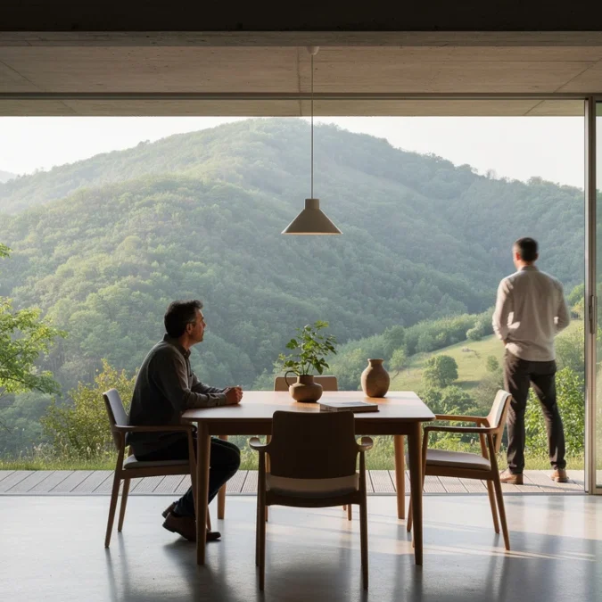 Editorial photograph of a contemporary house in the hills of Turin, viewed from an open interior.