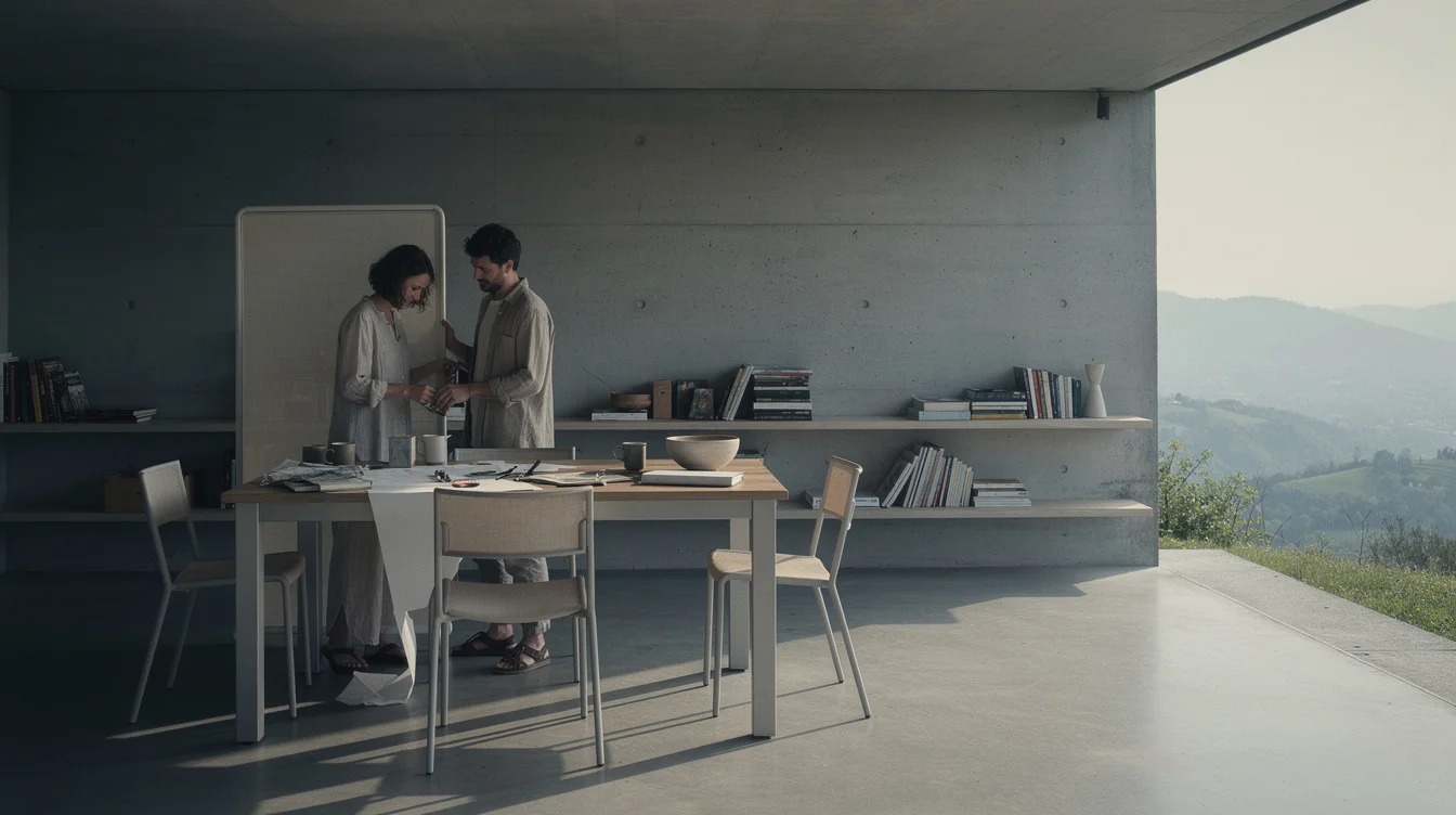 Editorial photograph inside a contemporary concrete house in the hills of Turin, two residents repositioning.