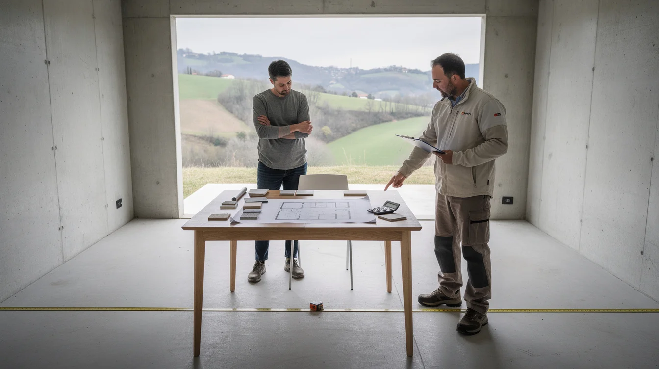Editorial photograph of a resident and a building contractor reviewing a proposed room division inside.