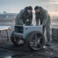 Staged editorial photograph at a muddy ground-robot testing yard at dawn: a compact unmanned ground vehicle.