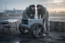 Staged editorial photograph at a muddy ground-robot testing yard at dawn: a compact unmanned ground vehicle.