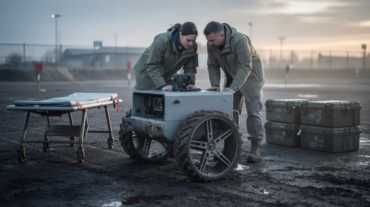 Staged editorial photograph at a muddy ground-robot testing yard at dawn: a compact unmanned ground vehicle.