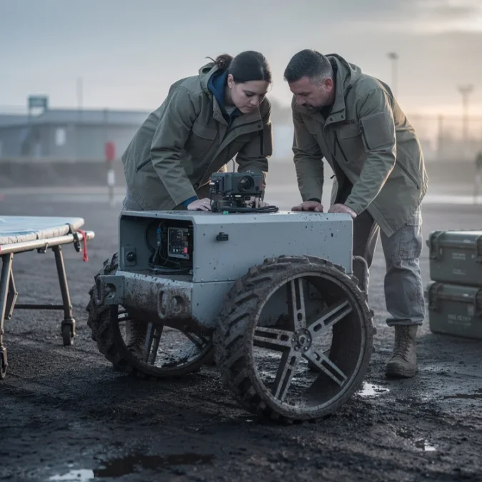 Staged editorial photograph at a muddy ground-robot testing yard at dawn: a compact unmanned ground vehicle.