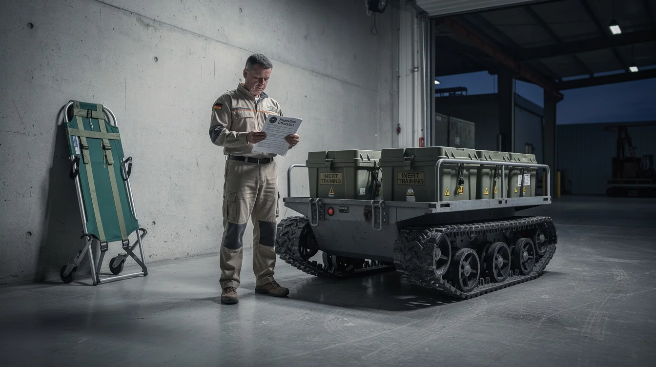 Staged editorial photograph in an industrial loading bay at dusk: an engineer stands beside a compact.