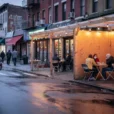 Editorial photograph evoking a New York block during the 2020–2024 pandemic dining-shed period, with adjacent curbside.