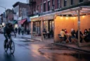 Editorial photograph evoking a New York block during the 2020–2024 pandemic dining-shed period, with adjacent curbside.