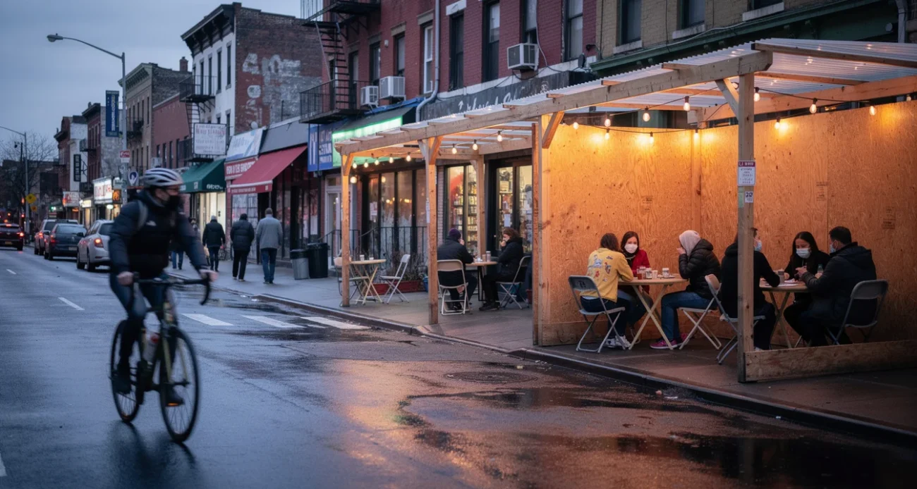 Editorial photograph evoking a New York block during the 2020–2024 pandemic dining-shed period, with adjacent curbside.