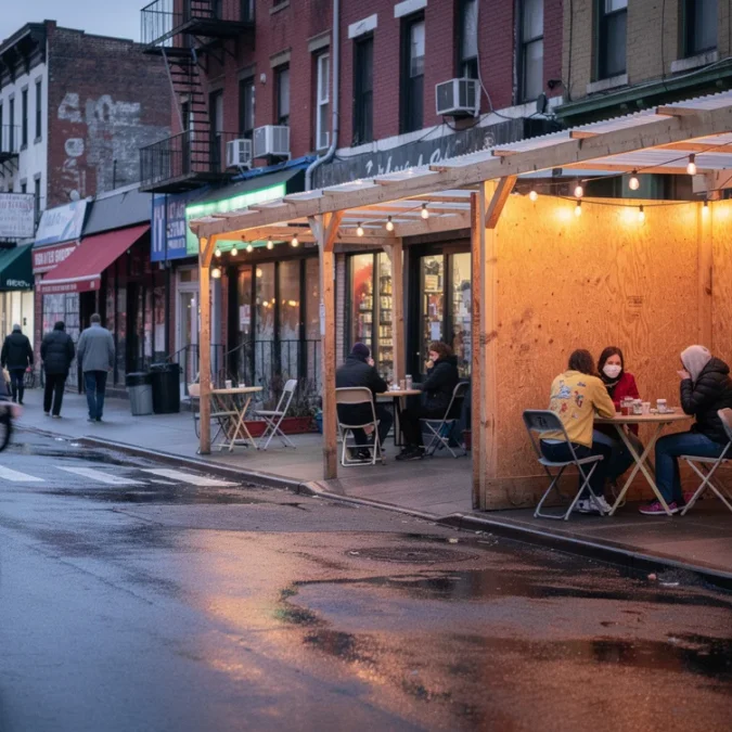 Editorial photograph evoking a New York block during the 2020–2024 pandemic dining-shed period, with adjacent curbside.