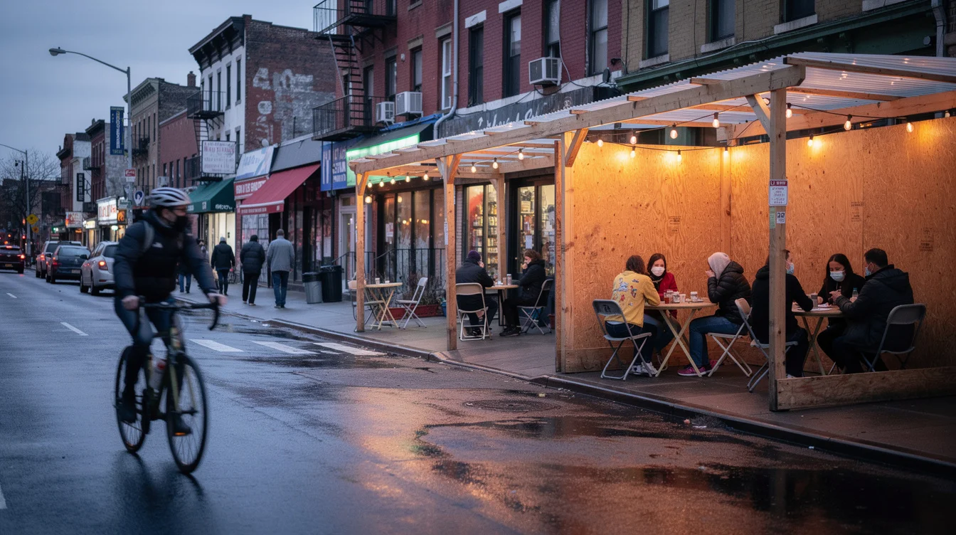 Editorial photograph evoking a New York block during the 2020–2024 pandemic dining-shed period, with adjacent curbside.