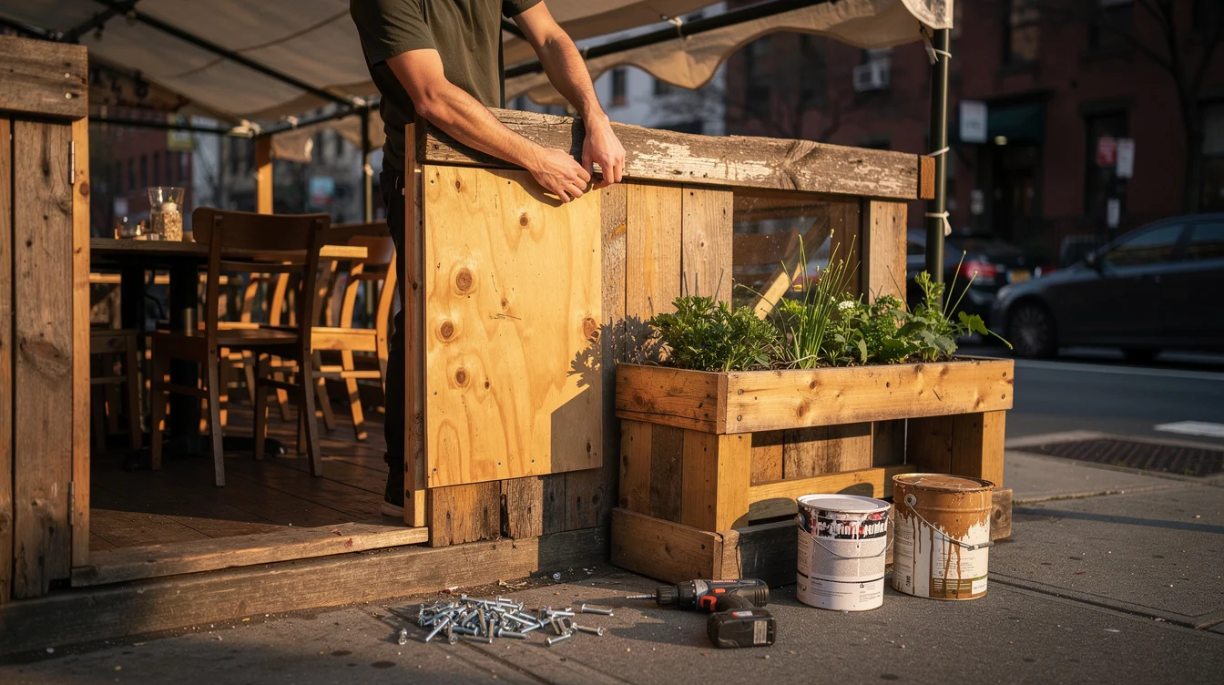 Editorial photograph of a restaurant worker repairing a modest timber dining shed on a New York.
