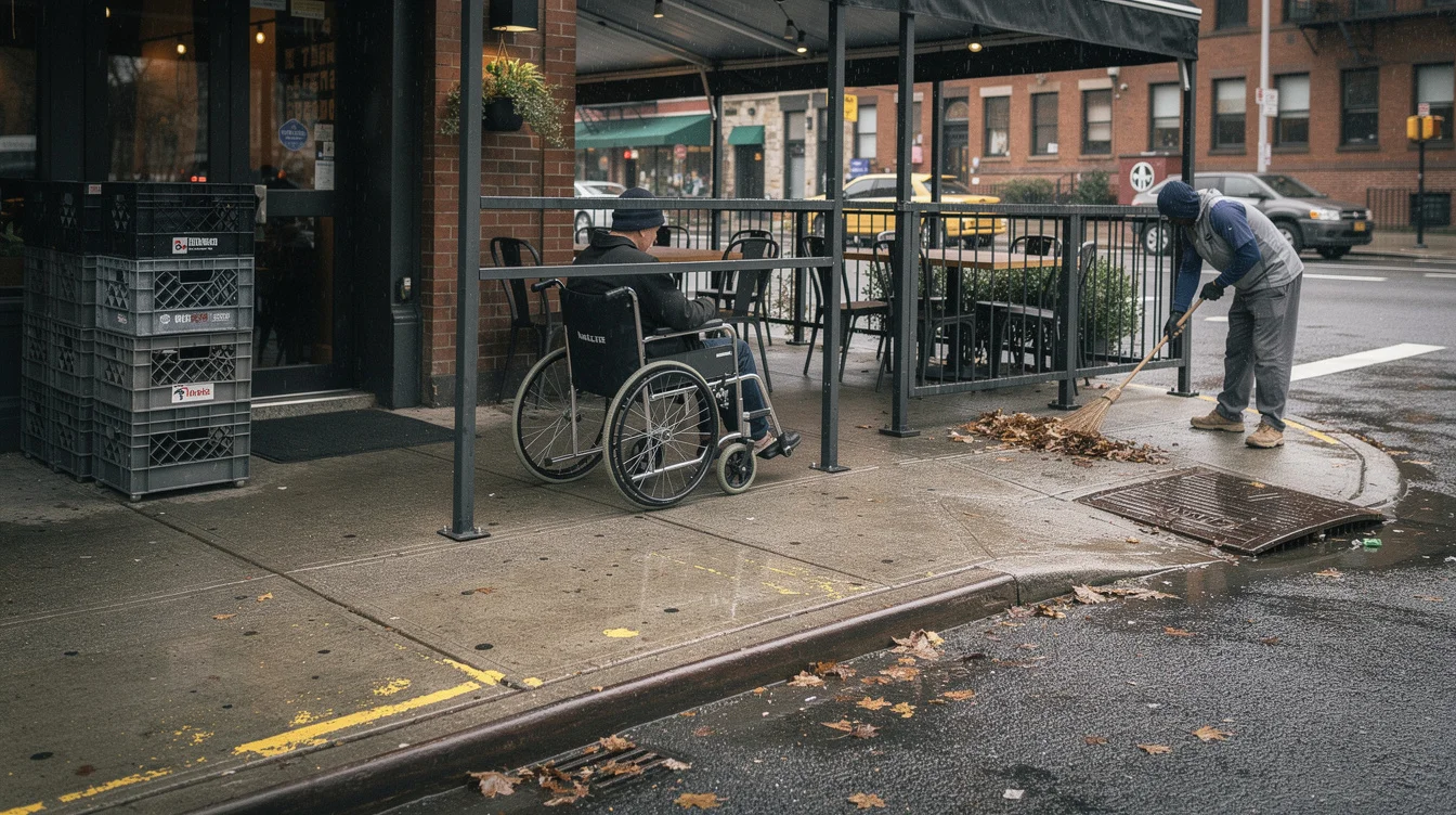 Editorial photograph at sidewalk height beside a New York curbside dining enclosure after rain. A wheelchair.