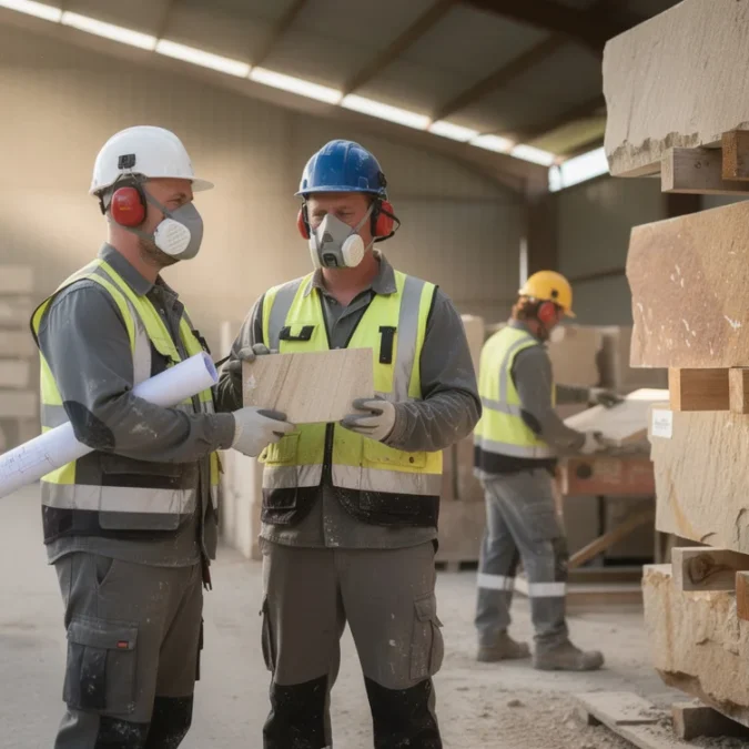 Editorial photograph inside a stone-processing yard supplying architectural sandstone, early morning light cutting through an open-sided.