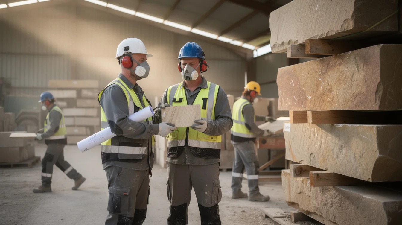 Editorial photograph inside a stone-processing yard supplying architectural sandstone, early morning light cutting through an open-sided.