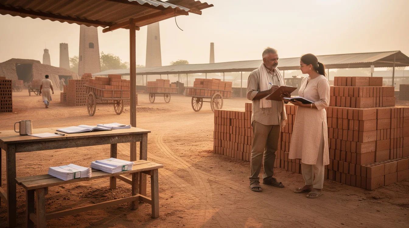 Documentary-style editorial photograph at a brick kiln in northern India, showing an adult production supervisor.