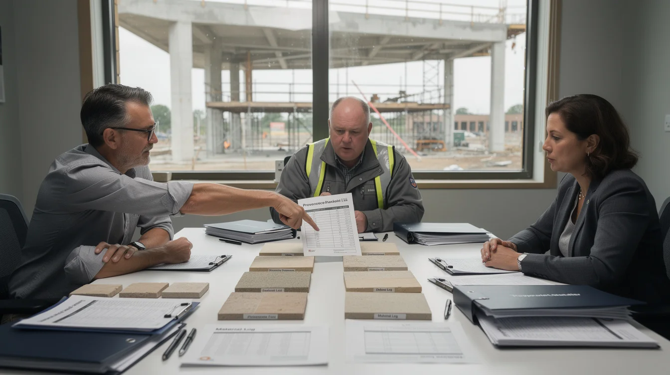 Editorial photograph of a tense but ordinary procurement meeting in a construction-site office for a civic.