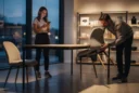 Editorial photograph inside a contemporary homeware showroom at dusk: two unbranded dining chairs with similar curved.