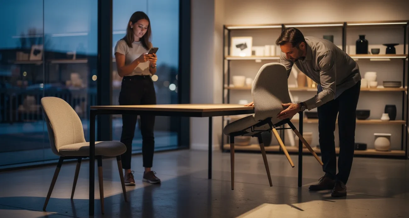 Editorial photograph inside a contemporary homeware showroom at dusk: two unbranded dining chairs with similar curved.
