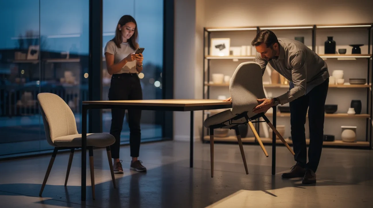 Editorial photograph inside a contemporary homeware showroom at dusk: two unbranded dining chairs with similar curved.