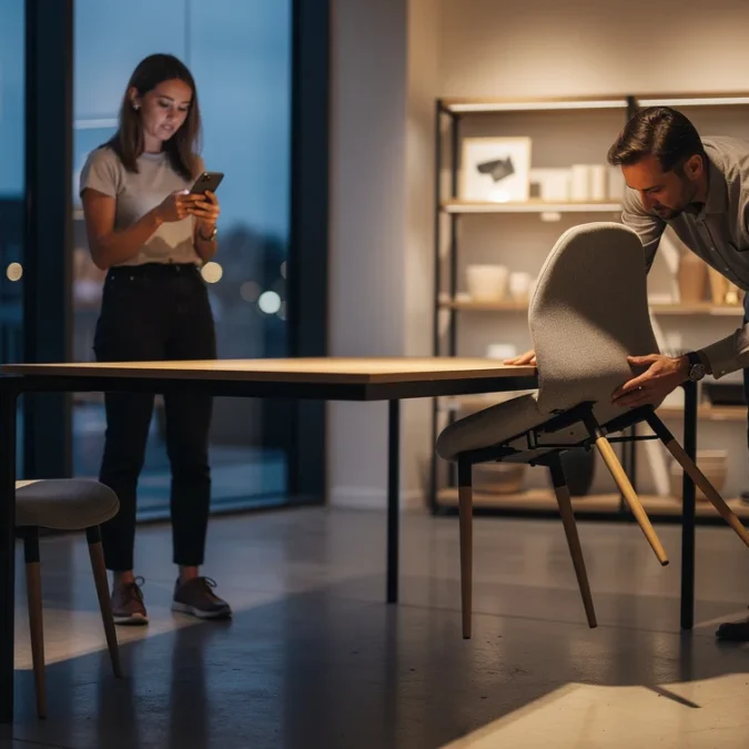 Editorial photograph inside a contemporary homeware showroom at dusk: two unbranded dining chairs with similar curved.