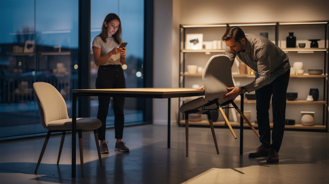 Editorial photograph inside a contemporary homeware showroom at dusk: two unbranded dining chairs with similar curved.