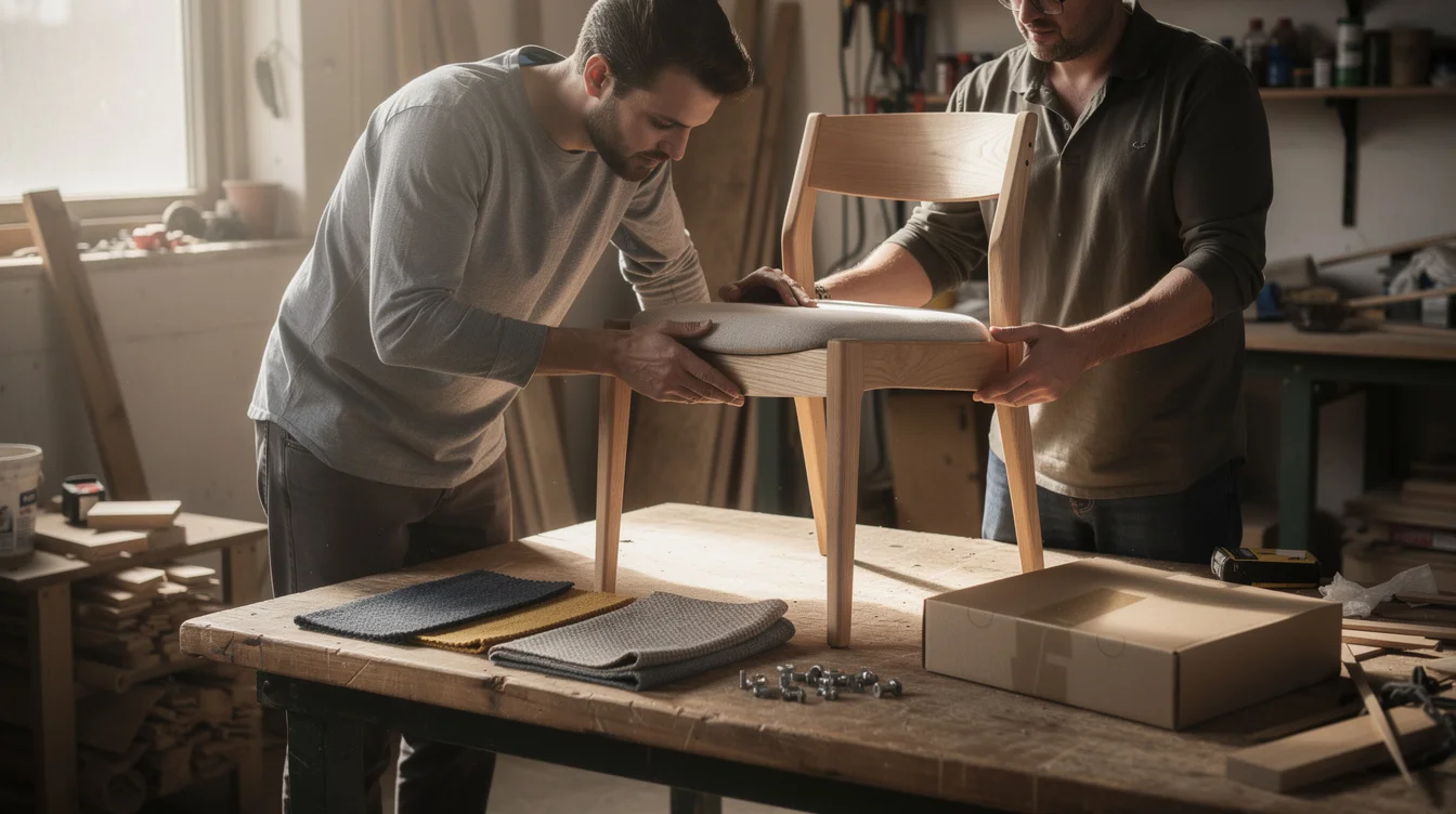 Editorial photograph in a small furniture development workshop in morning light. A designer and an assembly.