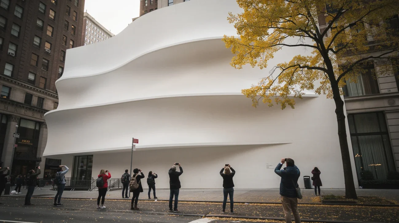 Editorial photograph on Manhattan’s Fifth Avenue beside Central Park, a sweeping pale museum facade cropped tightly.