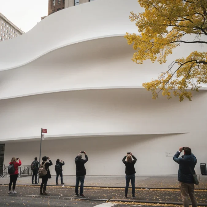 Editorial photograph on Manhattan’s Fifth Avenue beside Central Park, a sweeping pale museum facade cropped tightly.