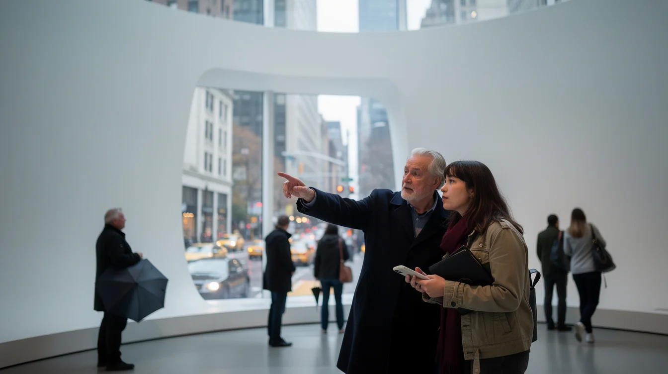 Editorial photograph in a Manhattan museum entrance hall with curved pale walls, visitors pausing beside.