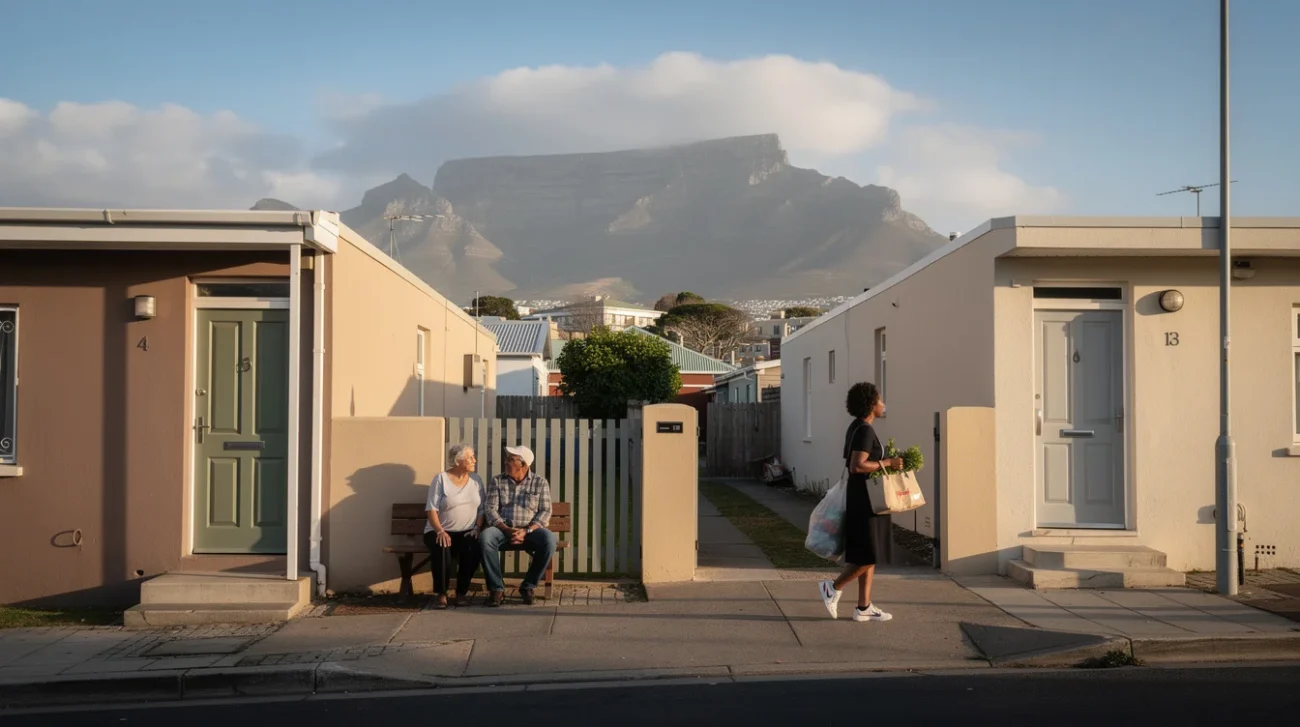 Editorial photograph of a residential street in District Six, Cape Town, with contemporary low-rise homes, ordinary.
