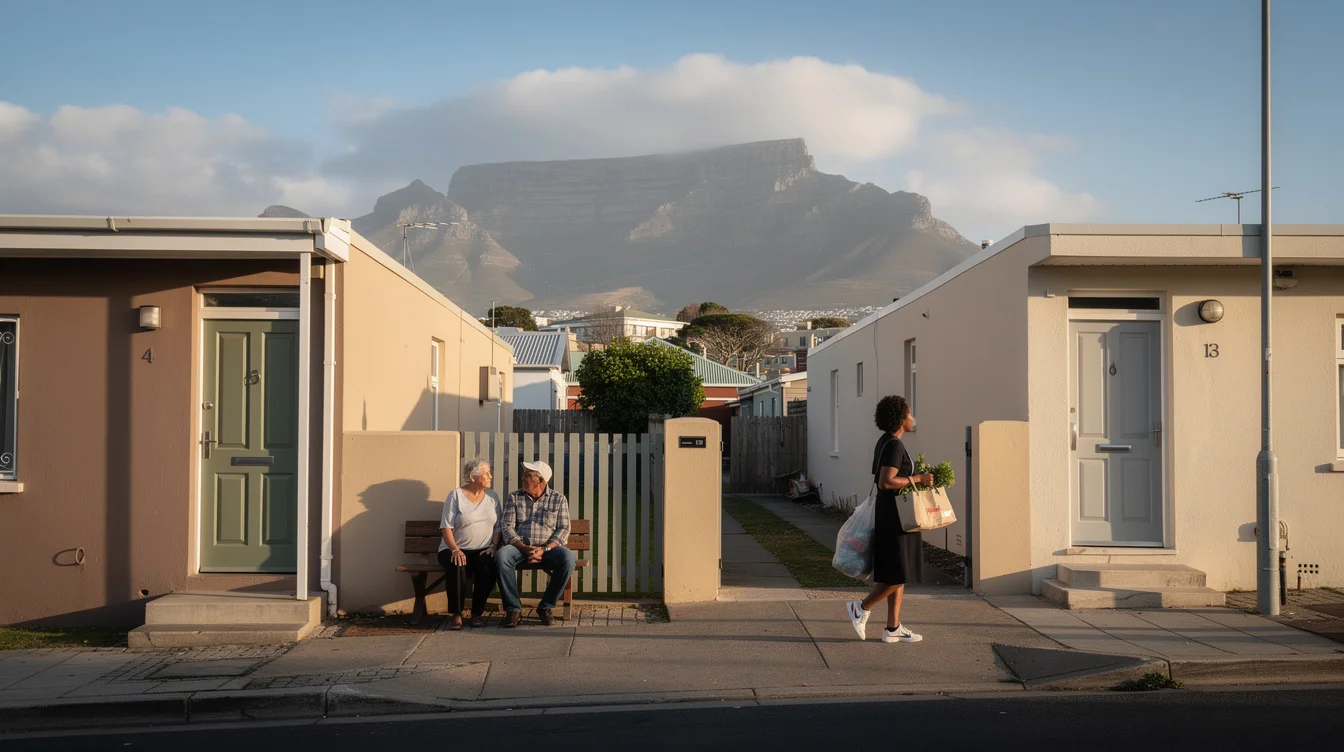 Editorial photograph of a residential street in District Six, Cape Town, with contemporary low-rise homes, ordinary.