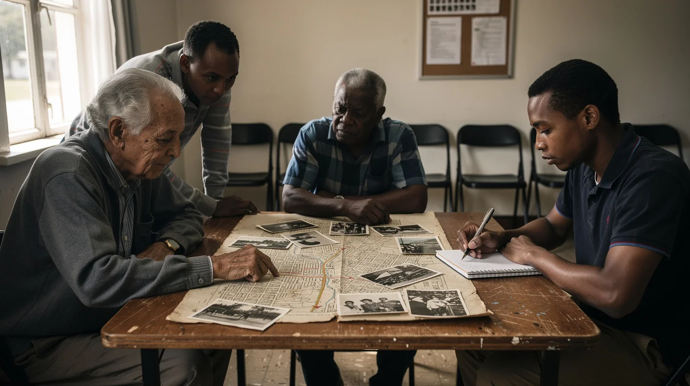 Editorial photograph inside a modest community meeting room in District Six, Cape Town. Older and younger.