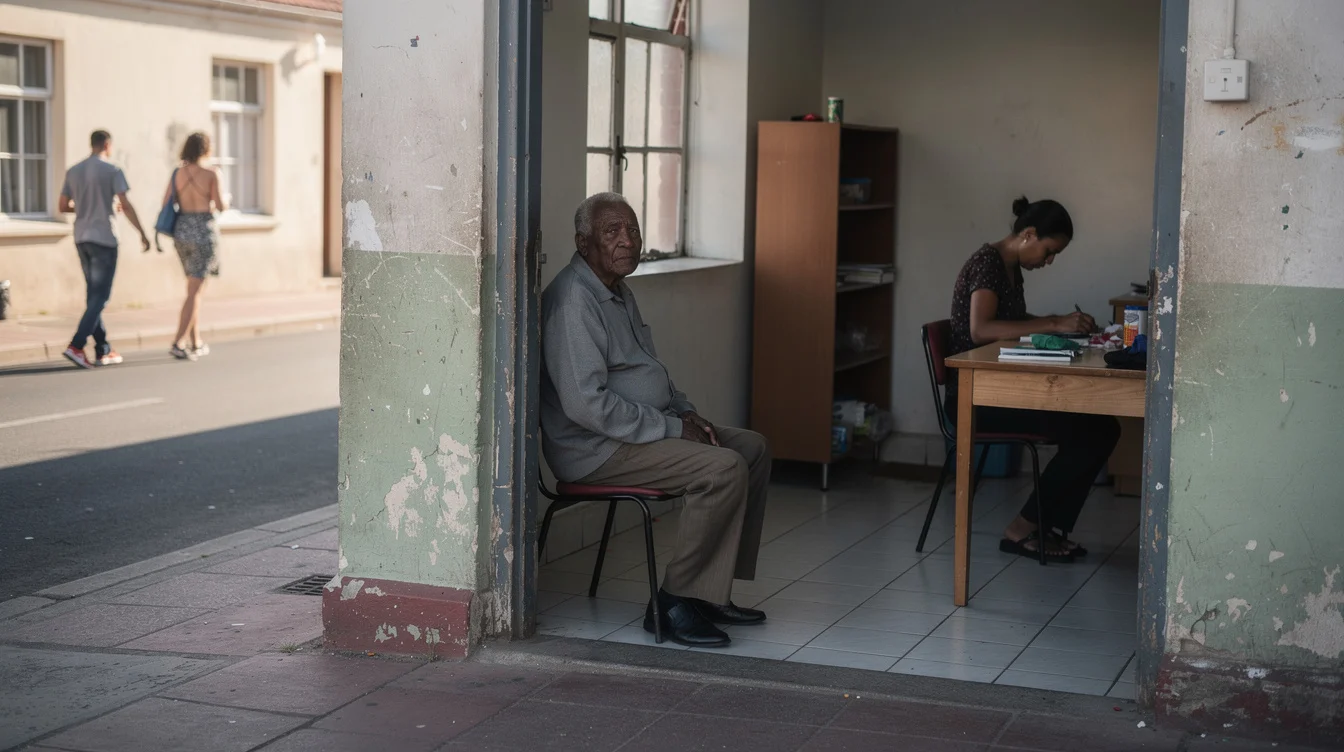 Editorial photograph of an everyday domestic threshold in District Six, Cape Town: an older adult seated.