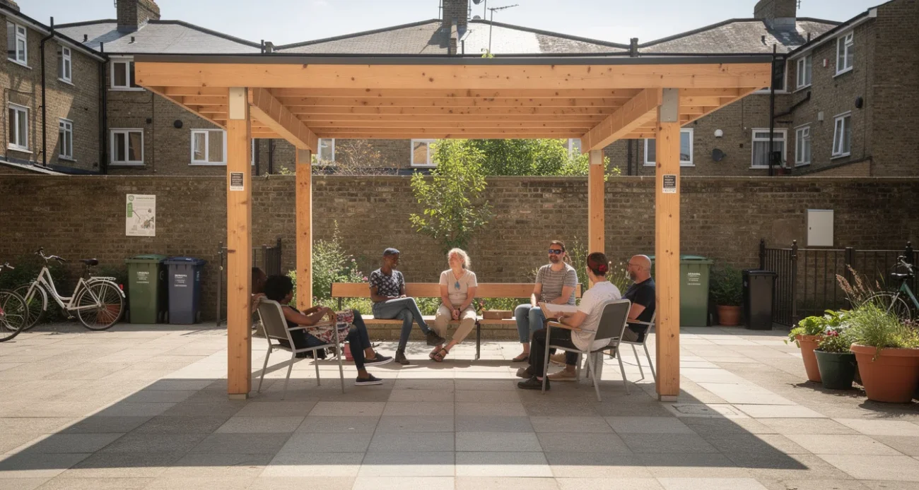 Editorial photograph of a modest timber shade structure in a community courtyard in Camden, north London.