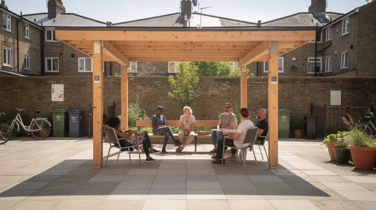 Editorial photograph of a modest timber shade structure in a community courtyard in Camden, north London.