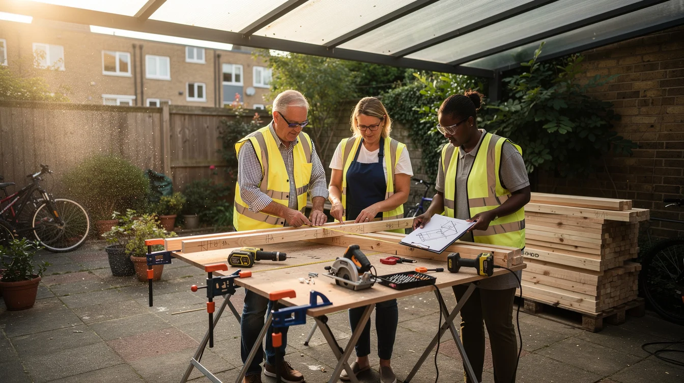 Documentary editorial photograph of a supervised community woodworking session in a Camden, north London courtyard. Two.
