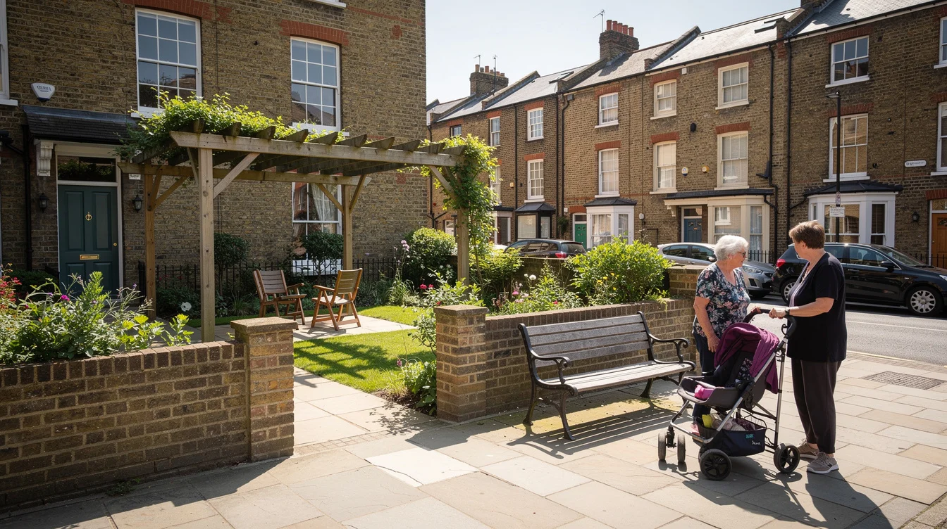 Wide editorial photograph on a residential street in Camden, north London, during a hot, clear afternoon..
