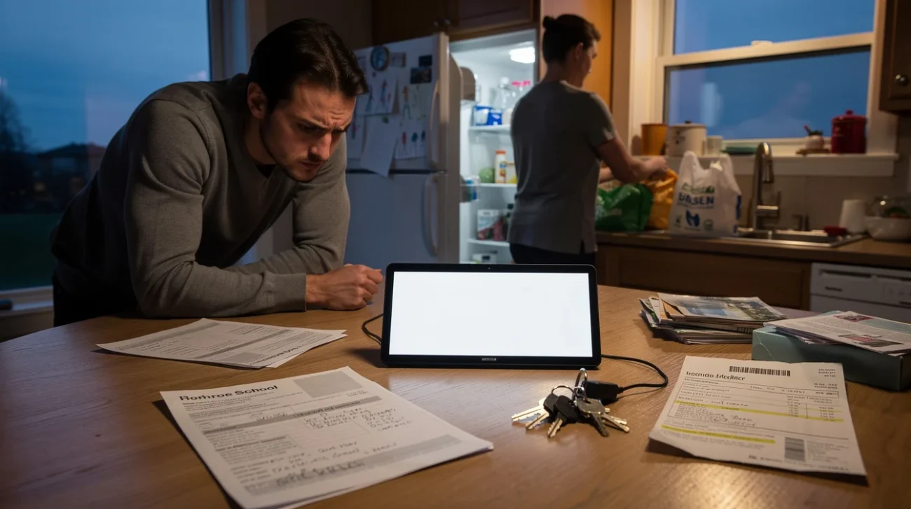 Editorial photograph of a lived-in apartment kitchen at early evening, a slim unbranded household display.