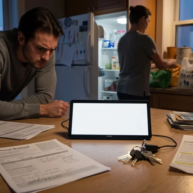 Editorial photograph of a lived-in apartment kitchen at early evening, a slim unbranded household display.